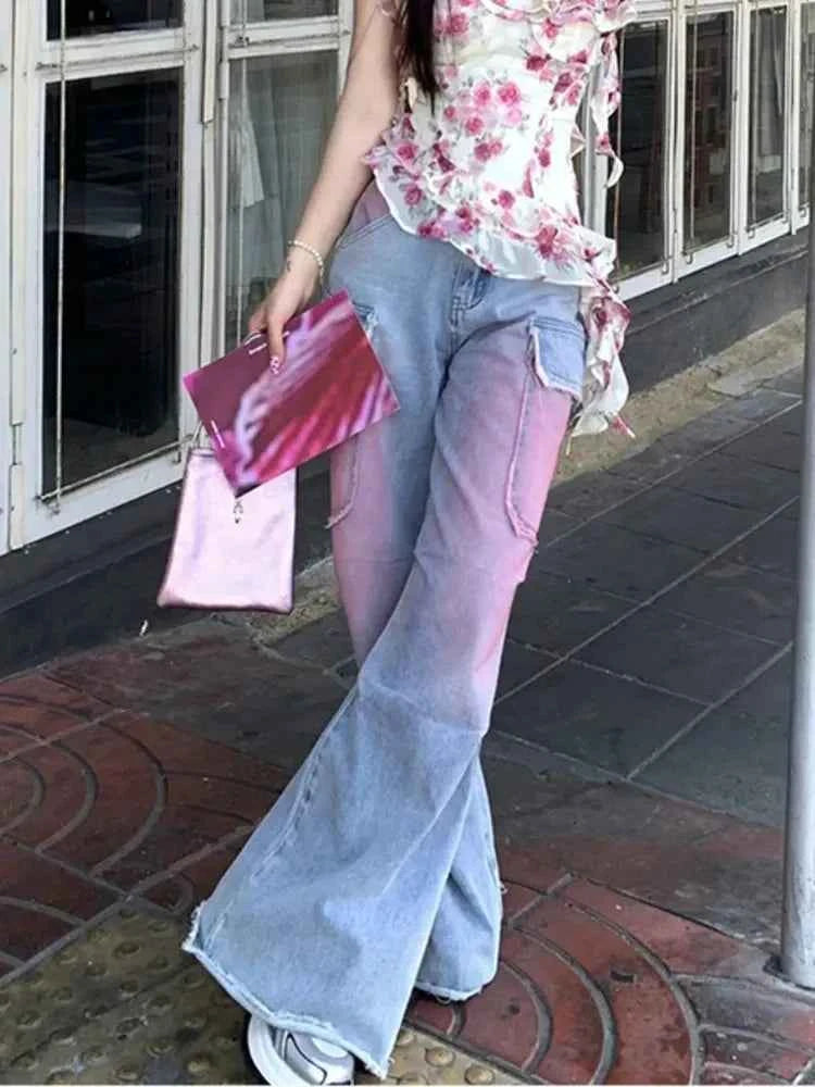 Women High Waist Loose Cool Tie Cargo Jeans