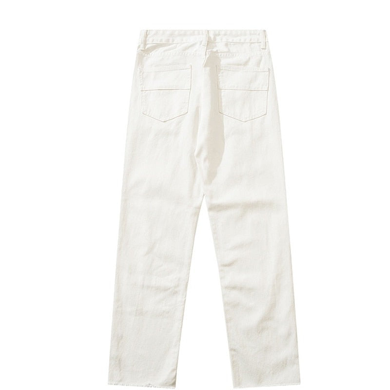 Herringbone Graffiti Print White Straight Jeans
