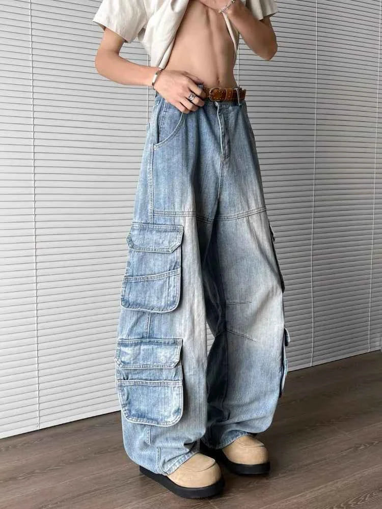 Raw Hem Realness Washed Blue Baggy Cargo Jeans