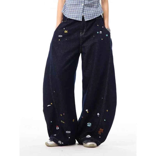 Comfortable Hip Hop Kpop Cartoon Print Wide Leg Jeans