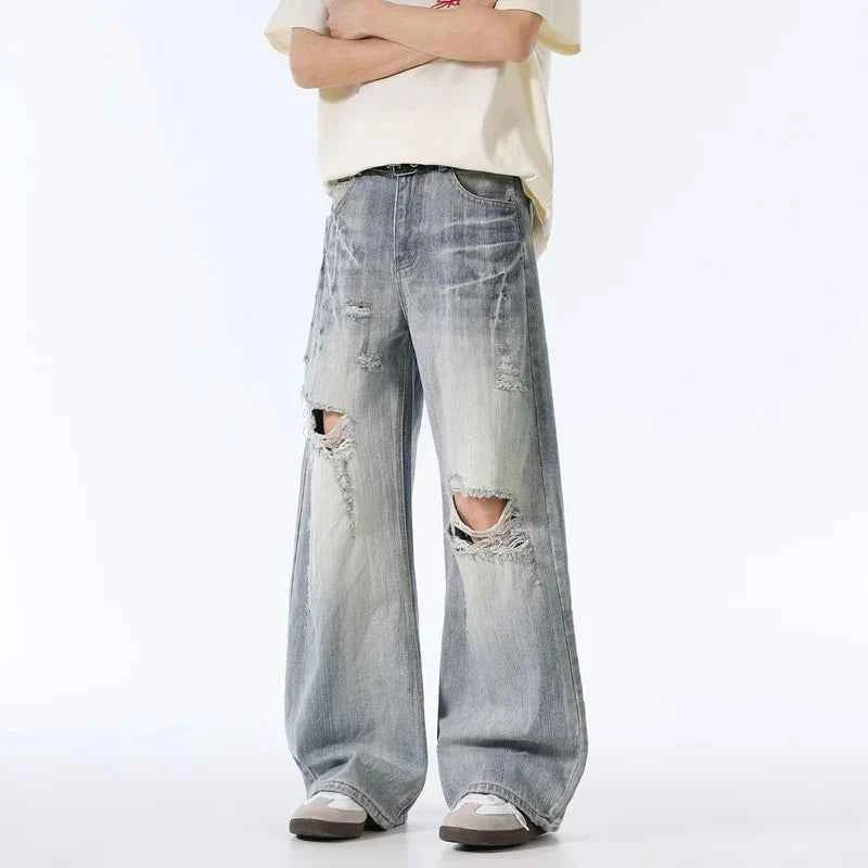 Versatile Y2K High Waist Ripped Baggy Jeans - Distressed Wide-Leg Denim