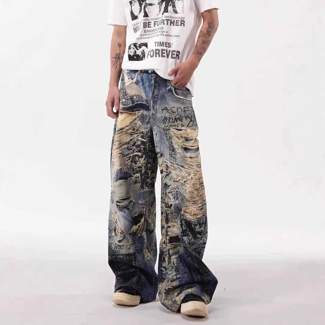 Retro 3D Printed Cool Ripped Wide Leg Jeans