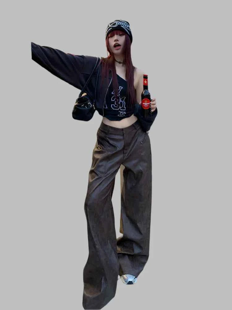 Distressed Brown PU Leather Wide Leg Pants