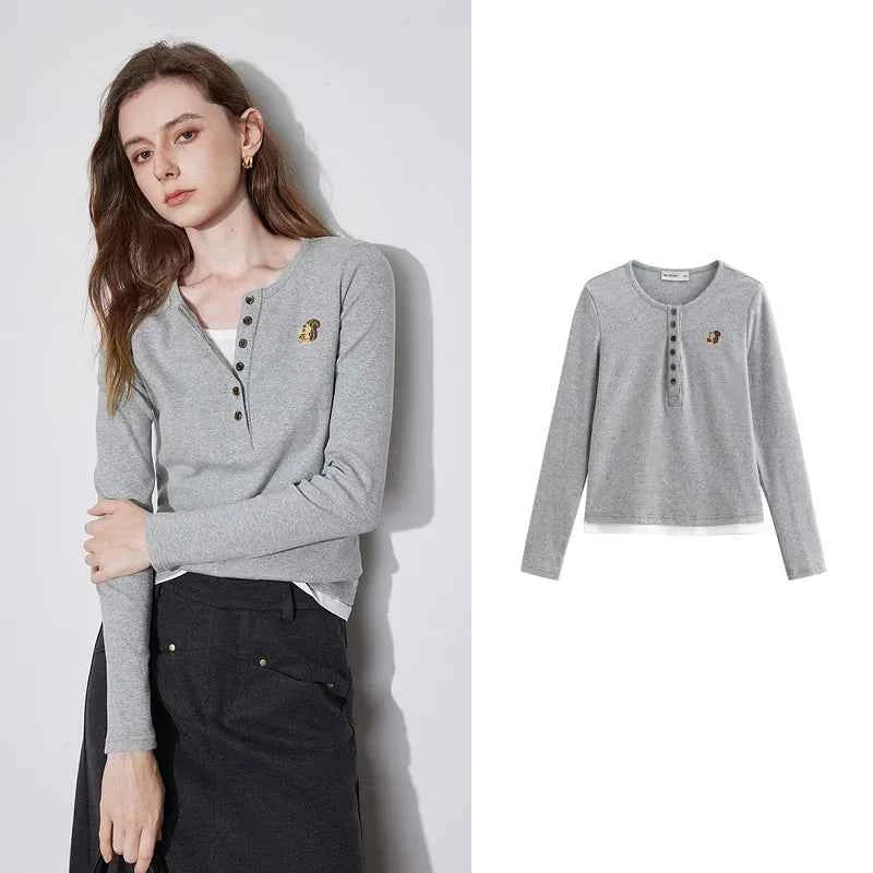 Knitted Squirrel Embroidered Long Sleeve T-Shirt