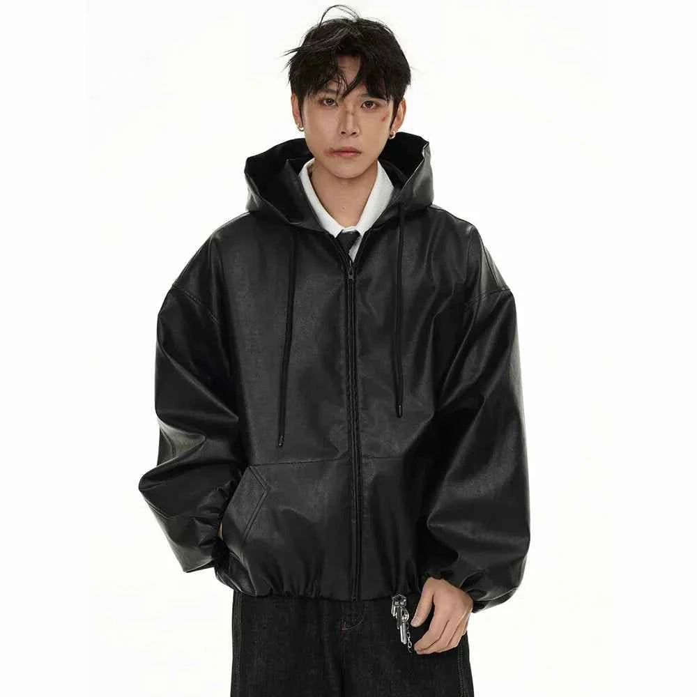 Classic Vintage Bomber Hooded PU Leather Jacket