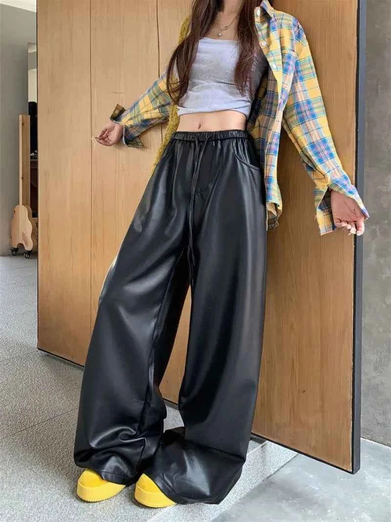 Y2K Urban Relax Preppy High Waist Leather Pants