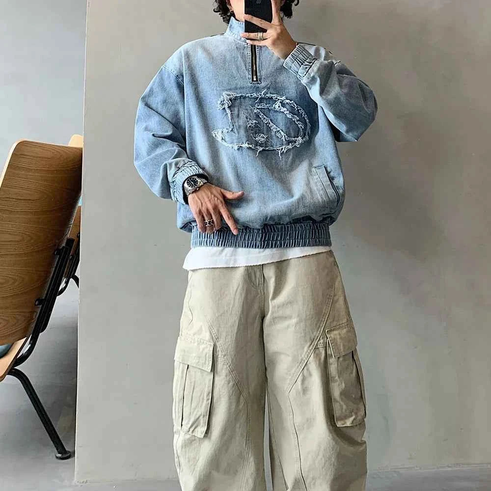 Vintage Distressed Denim Half Zipper Sweatshirt