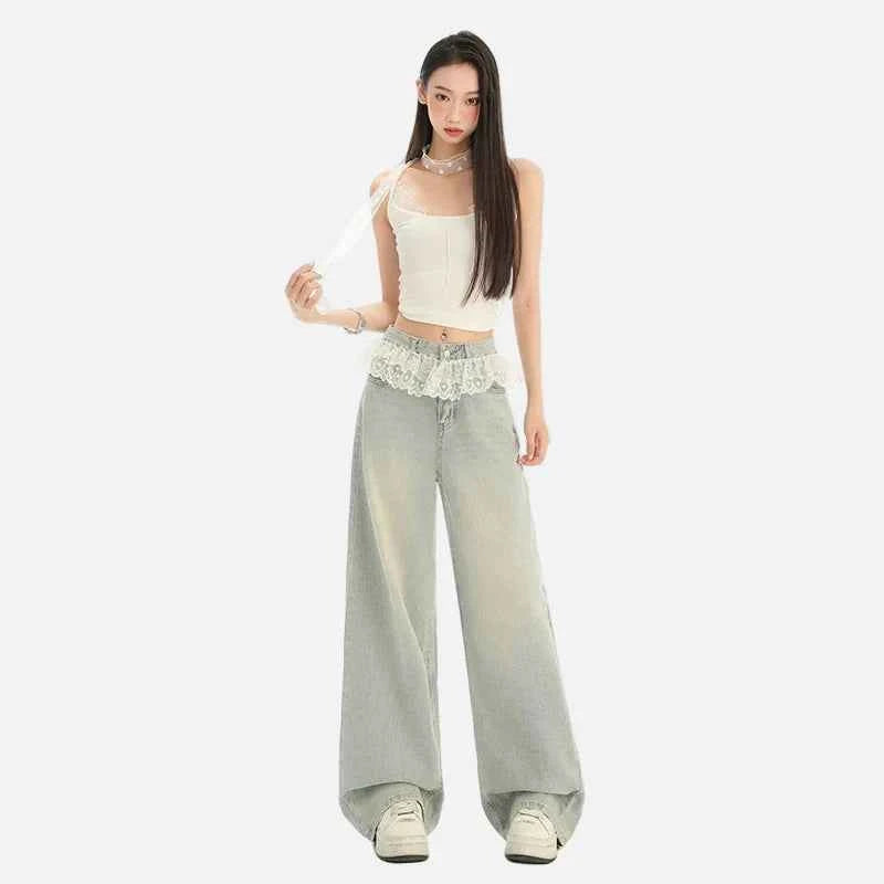 Retro Comfortable Lace-Edged High Waisted Jeans