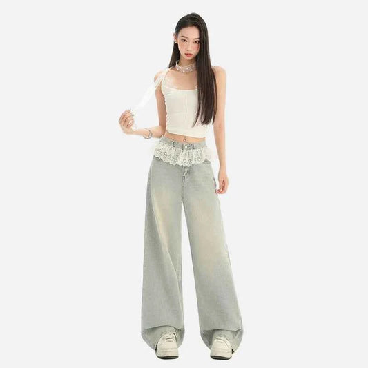 Retro Comfortable Lace-Edged High Waisted Jeans