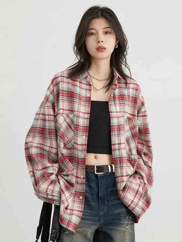 Women Vintage Plaid Oversize Long Sleeve Shirt
