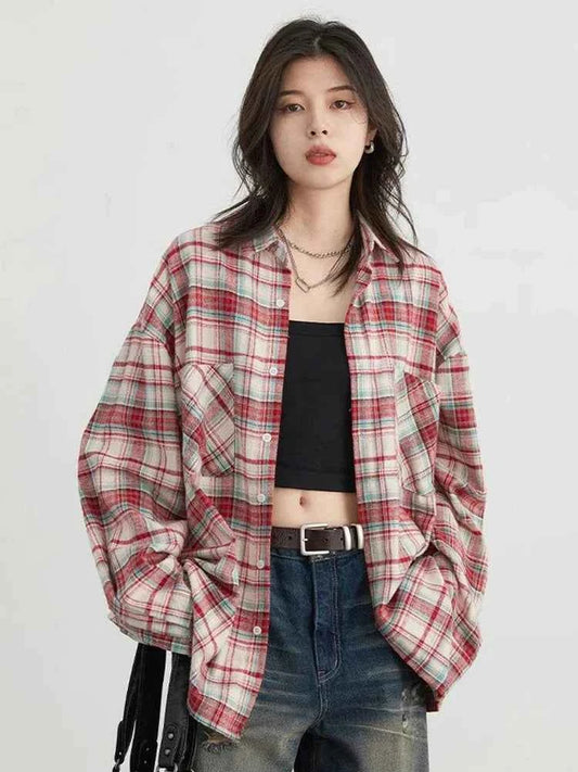 Women Vintage Plaid Oversize Long Sleeve Shirt