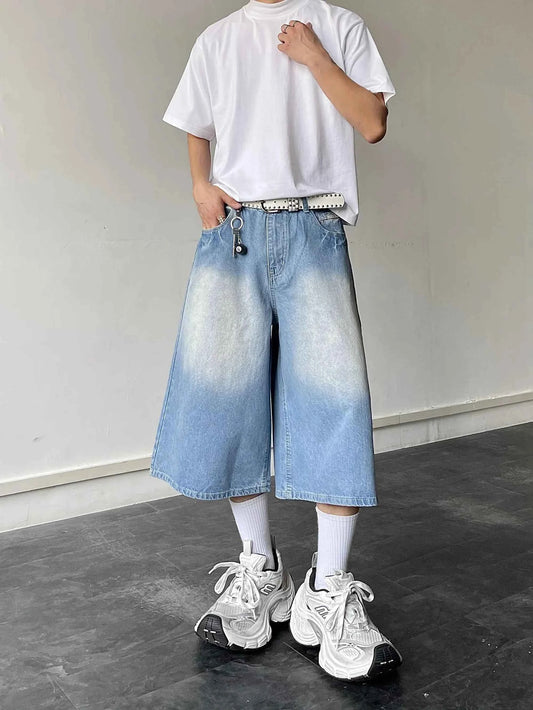 Fashionable Streetwear Loose Wide Leg Blue Wash Jorts