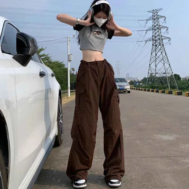 Women Cool Brown Vintage Drawstring Cargo Pants