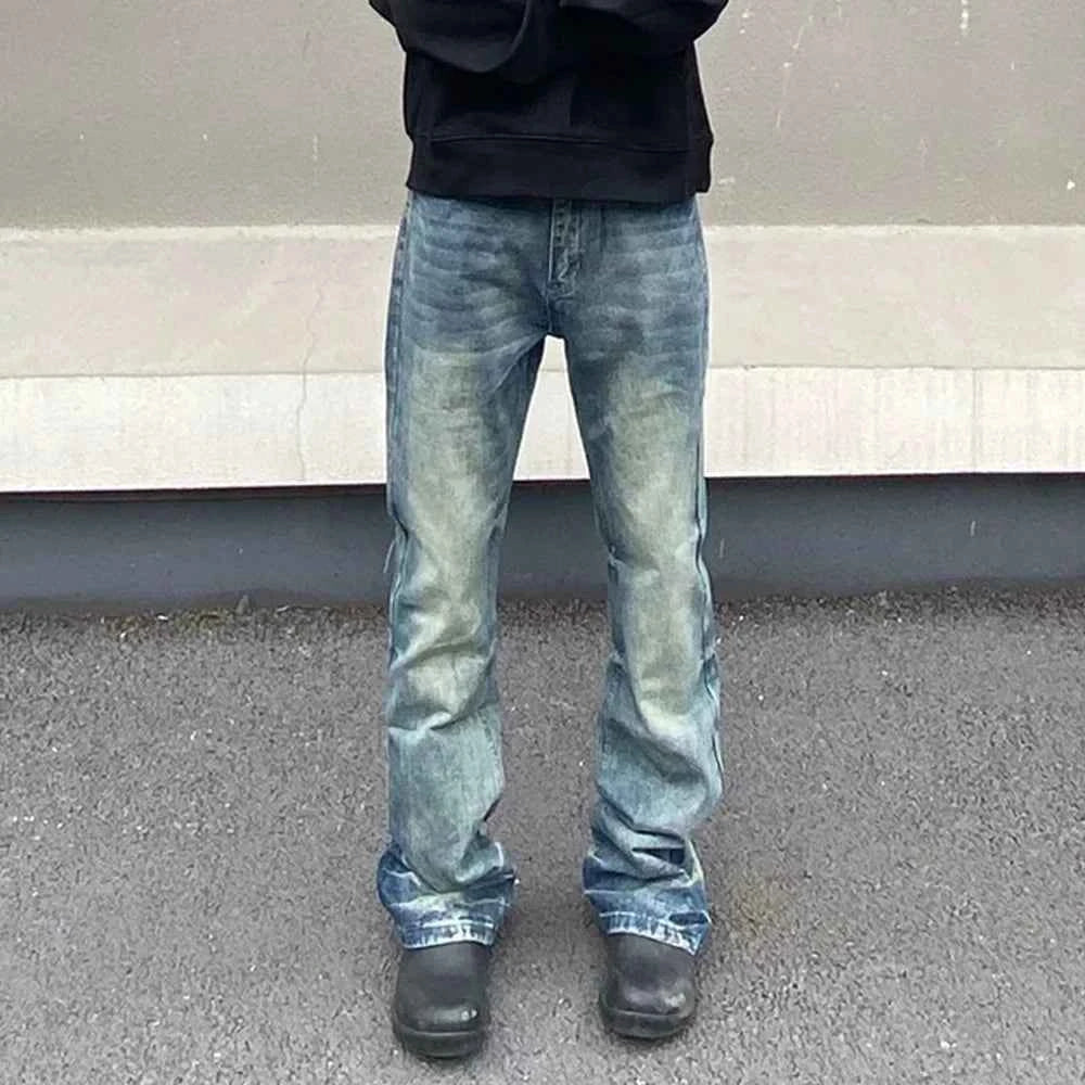 Vintage Distressed Blue Denim Flared Jeans