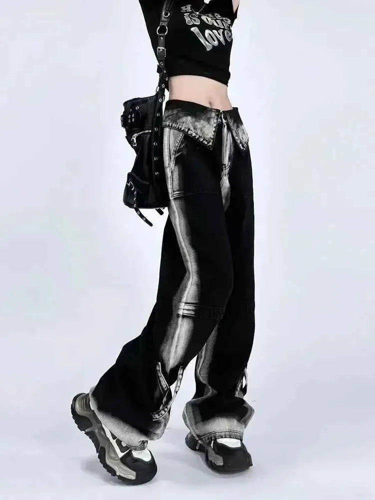 Y2K High Waist Contrast Color Wide Leg Jeans