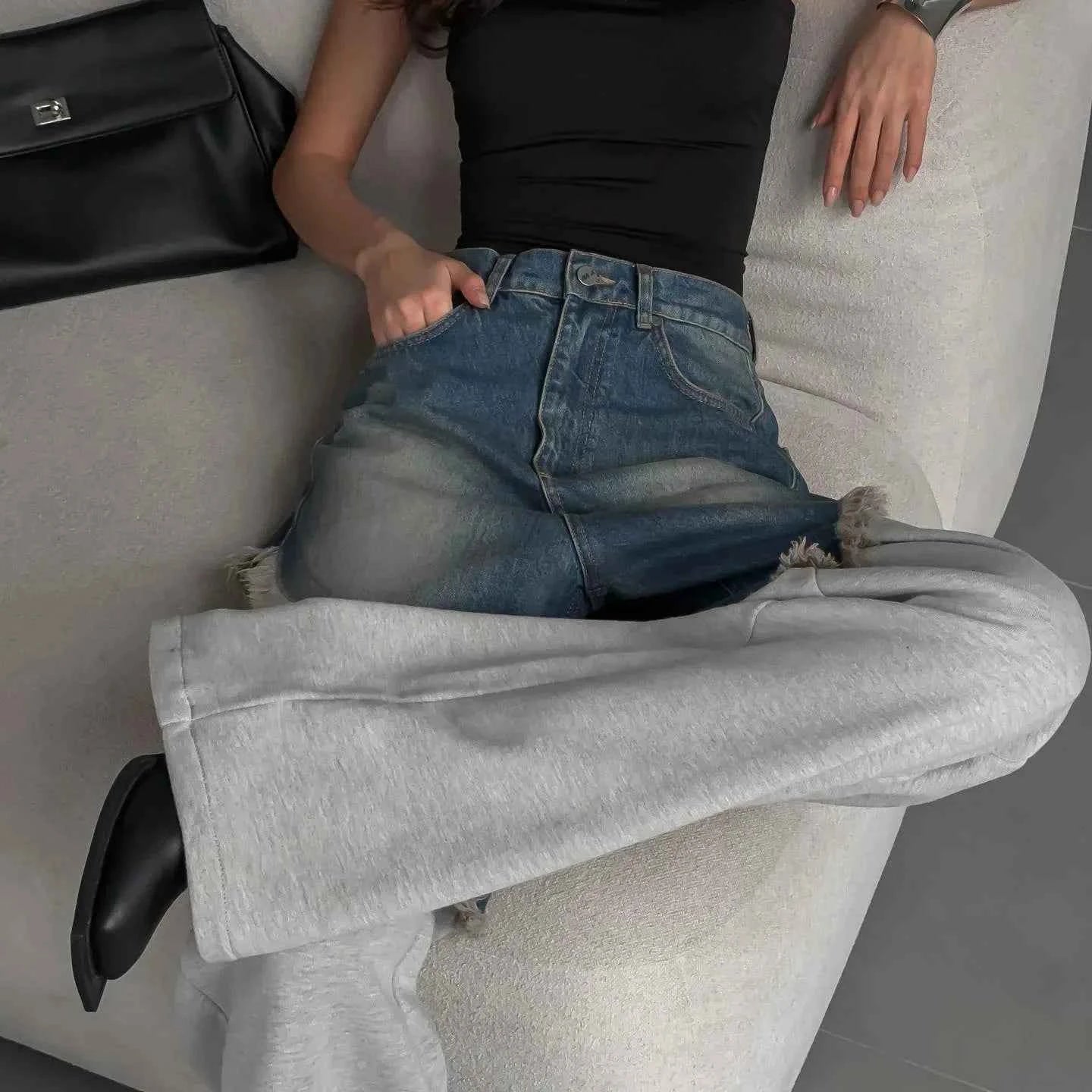 Distressed Patchwork Wide Leg Denim Pants