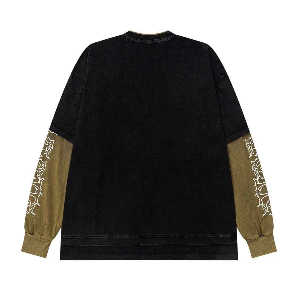Retro Letter Printed Fake Two Piece Long Sleeve T-Shirt
