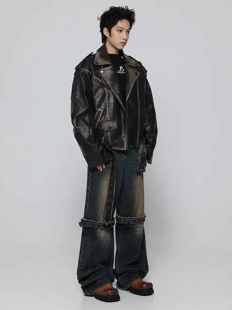 Streetwear Retro Distressed Black Leather Jacket