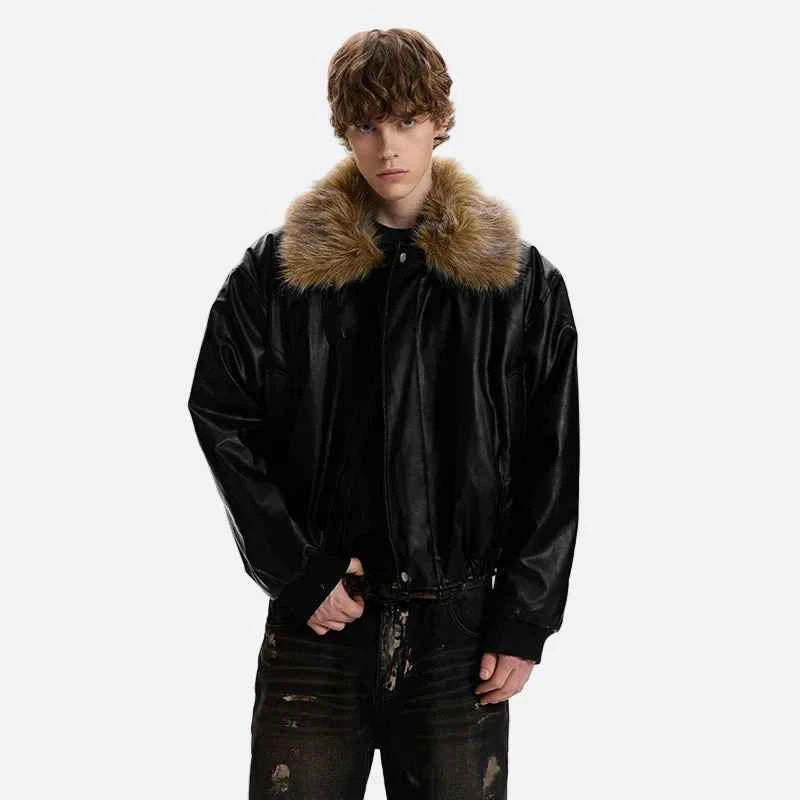 Luxury Faux Fur Lapel Leather Padded Jacket