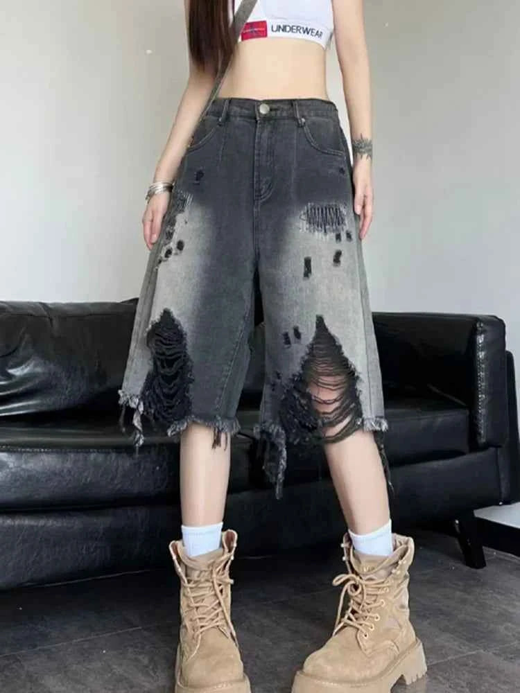 Women American Style Retro Gradient Denim Jorts