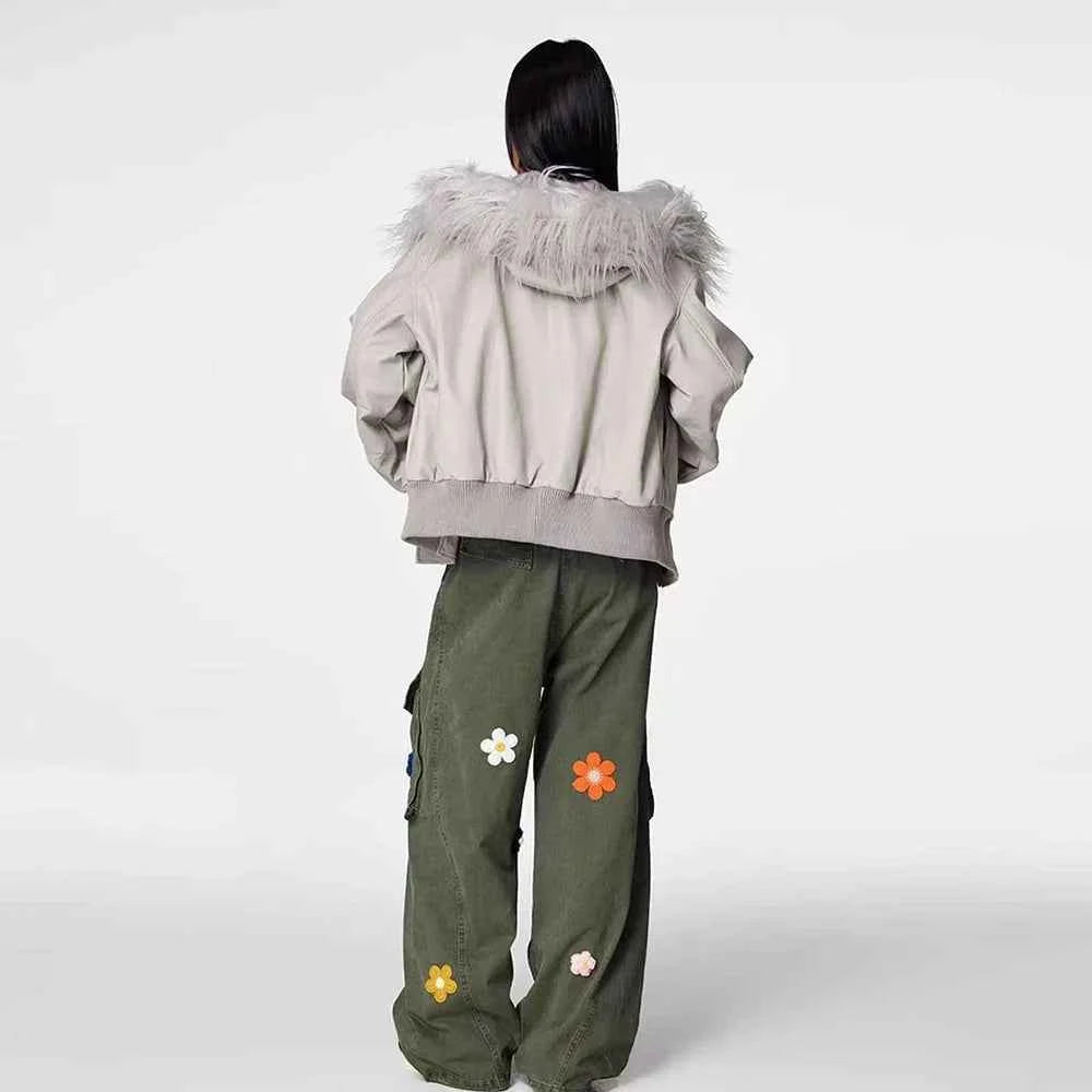 Floral Embroidered Loose Straight Cargo Pants