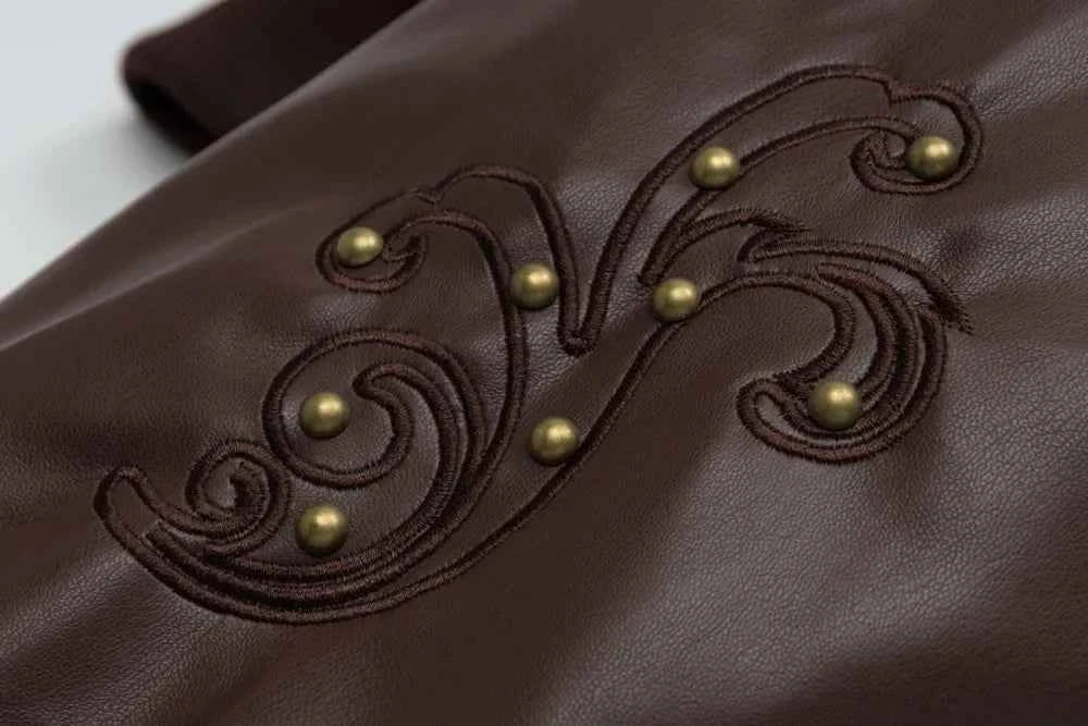 Retro Rivets Embroidery PU Leather Hooded Jacket