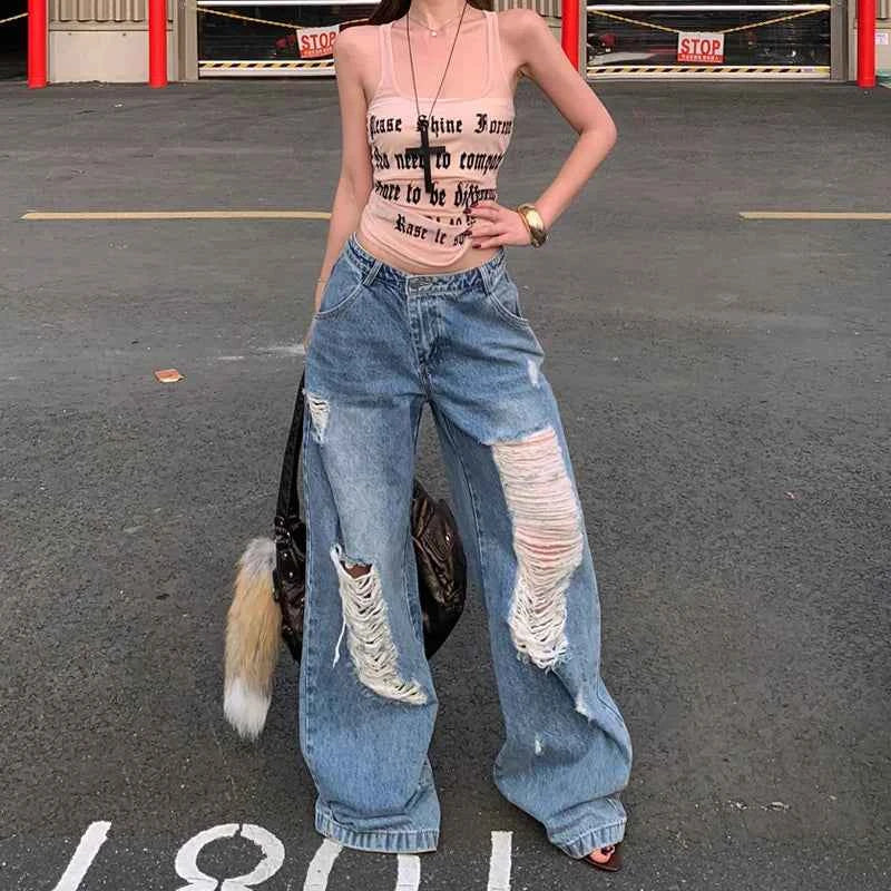 Women Essential Loose Straight Ripped Jeans