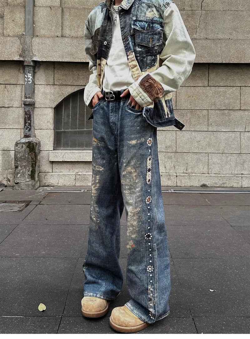 Vintage Digital Printed Distressed Jeans