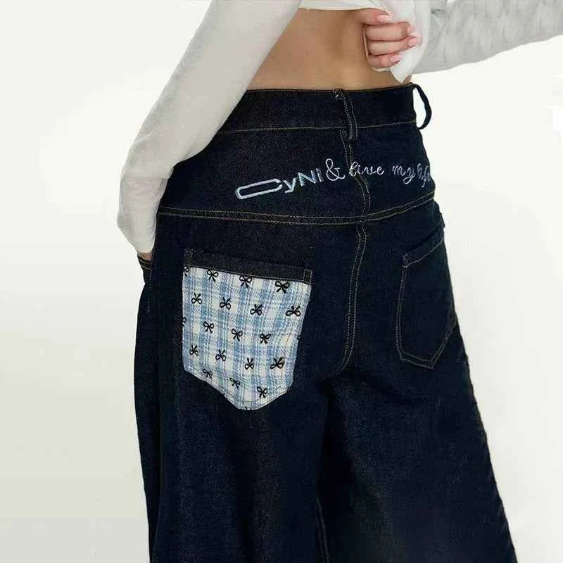 Casual Plaid Patchwork Vintage High Waist Jeans