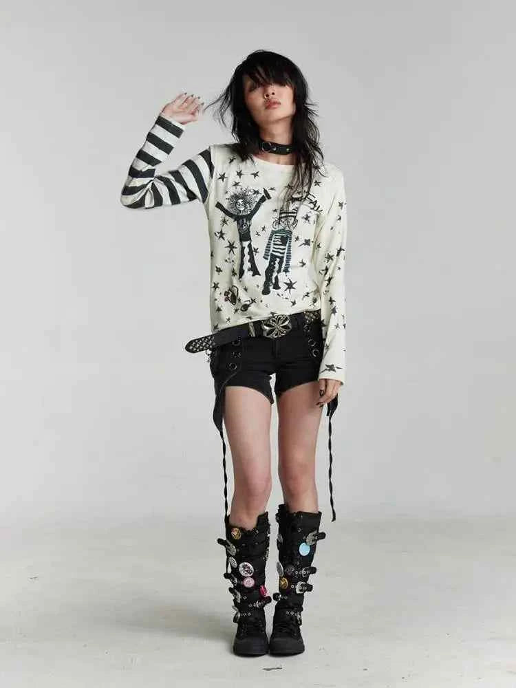 Gothic Patchwork Graphic Long Sleeve T-Shirt