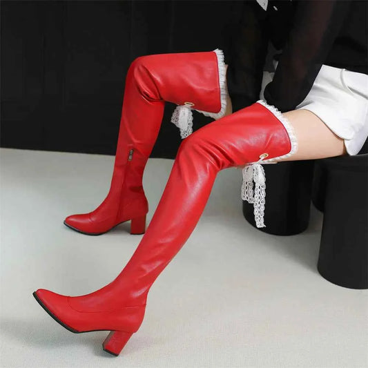 Sexy Black & Red Lace Over-The-Knee Leather Boot