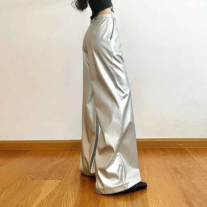 Y2K Women Streetwear Hip Hop Silver Leather Pants