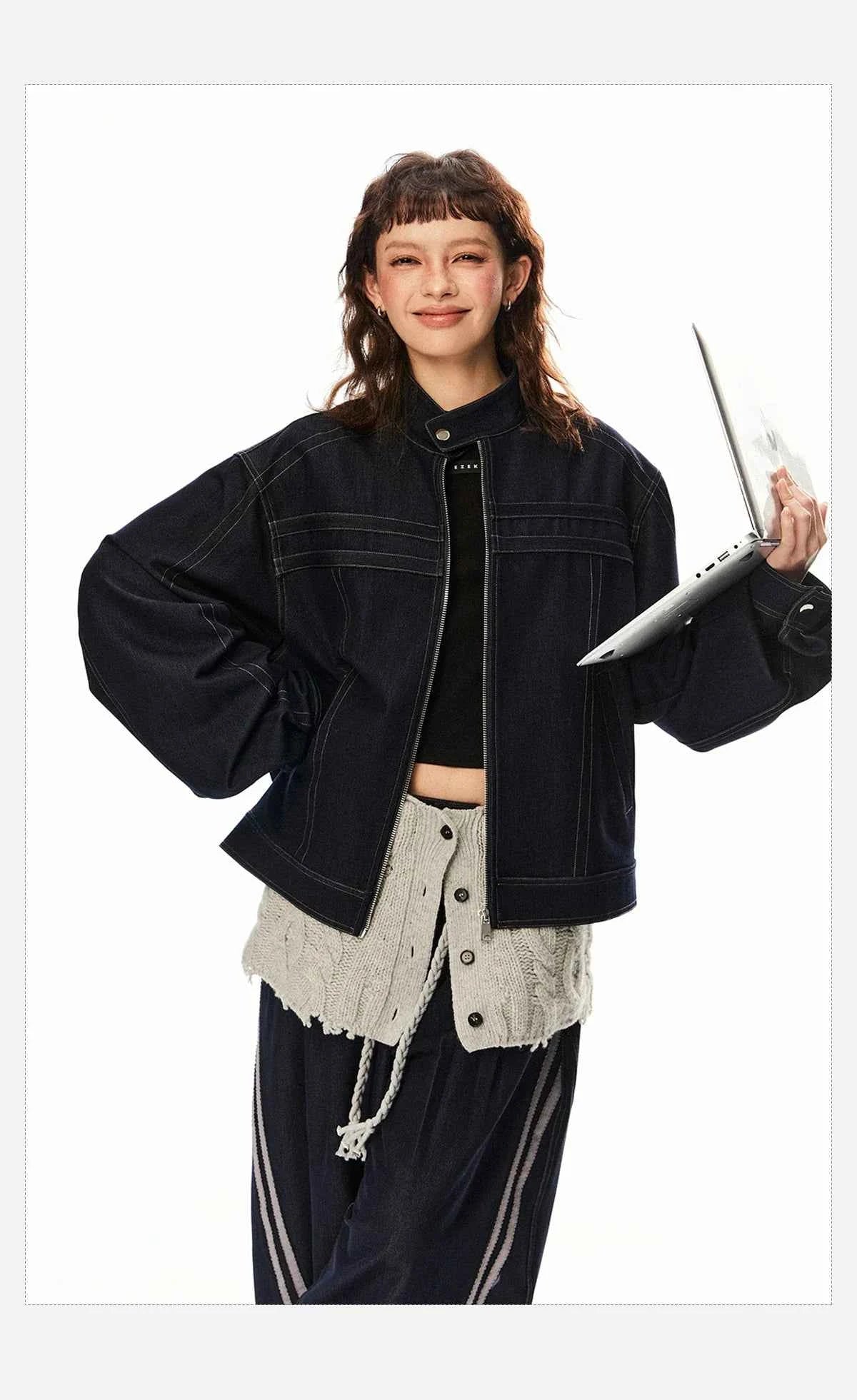 Women Cow Color Washed Denim Jacket
