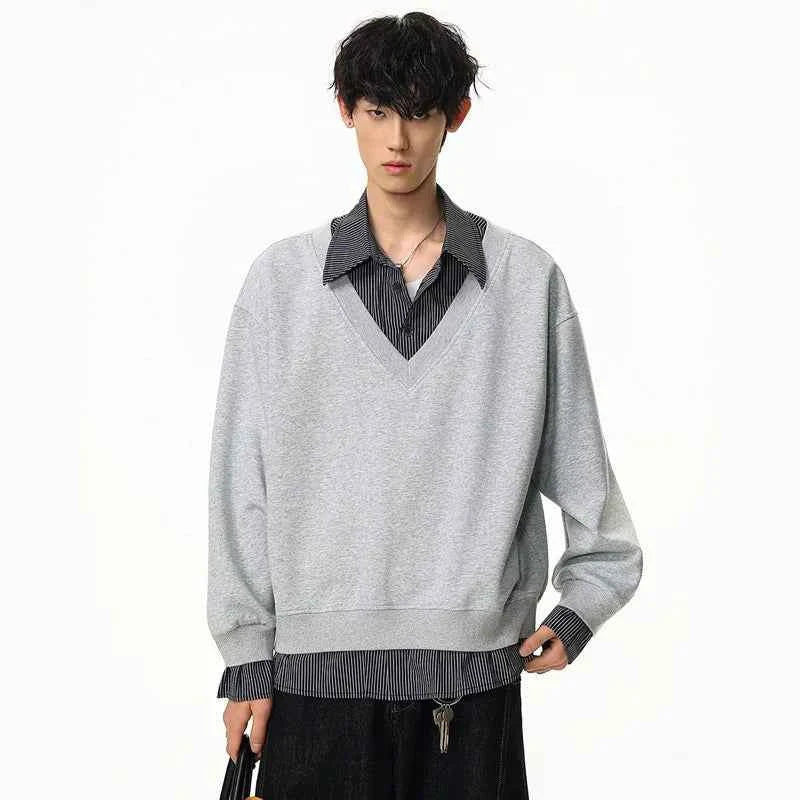 Flattering Casual Loose Striped Polo Sweatshirt