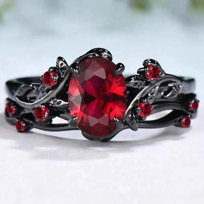 Exquisite Black Round Flower Red Stone Ring