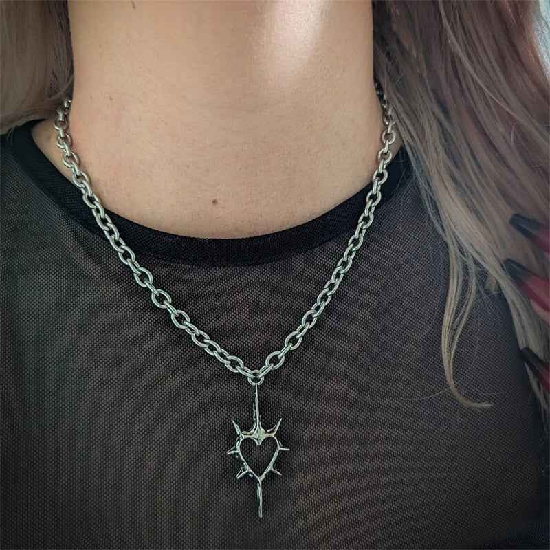 Hollow Thorn Heart Pendant Charm Necklace