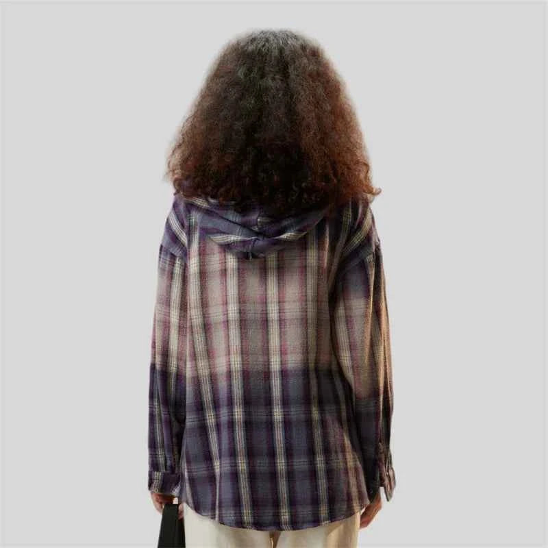 Luxury Plaid Oversized Hooded Blouse Shirt