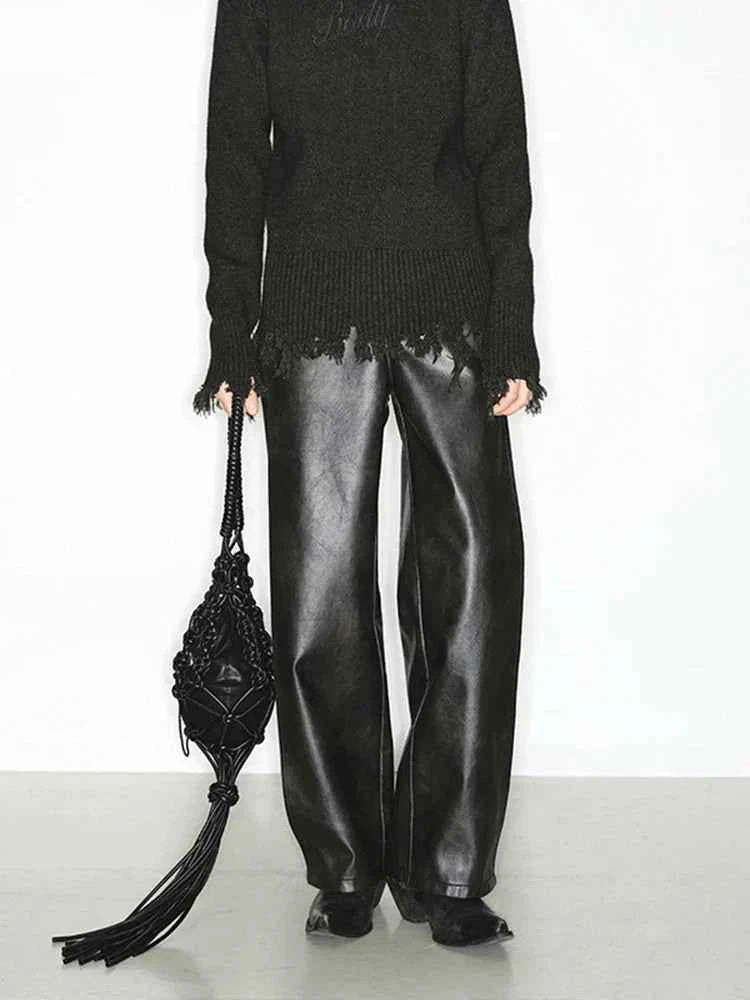 Luxury Cool Black Long Loose PU Leather Pants