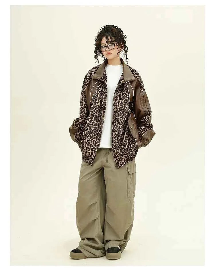 Leopard Print Splicing PU Leather Jacket