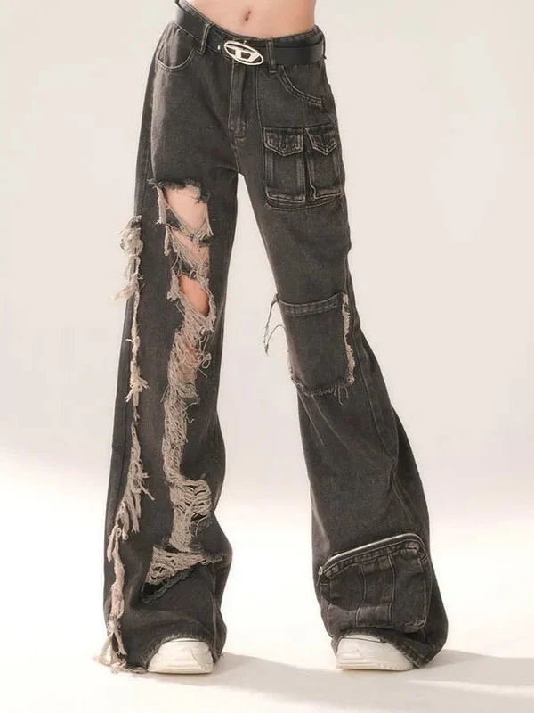 Vintage Black Cutting Ripped High Waist Jeans - Luxuryurbanwear
