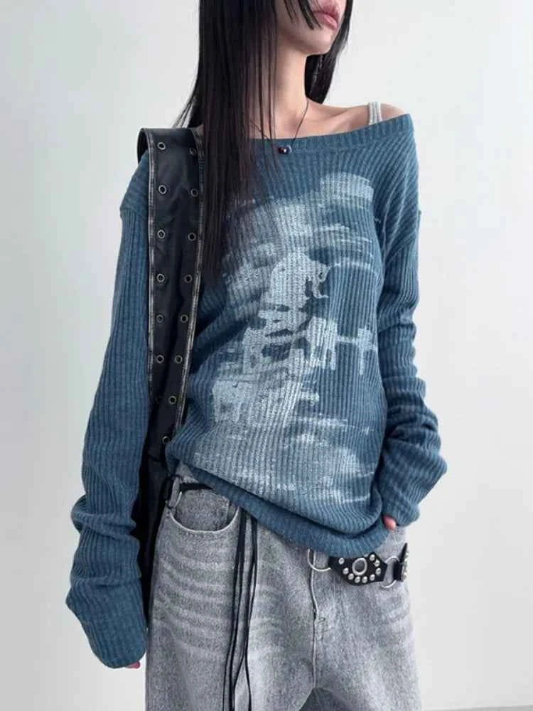 Sweet Grunge Collar Printing Long Sleeve T-Shirt