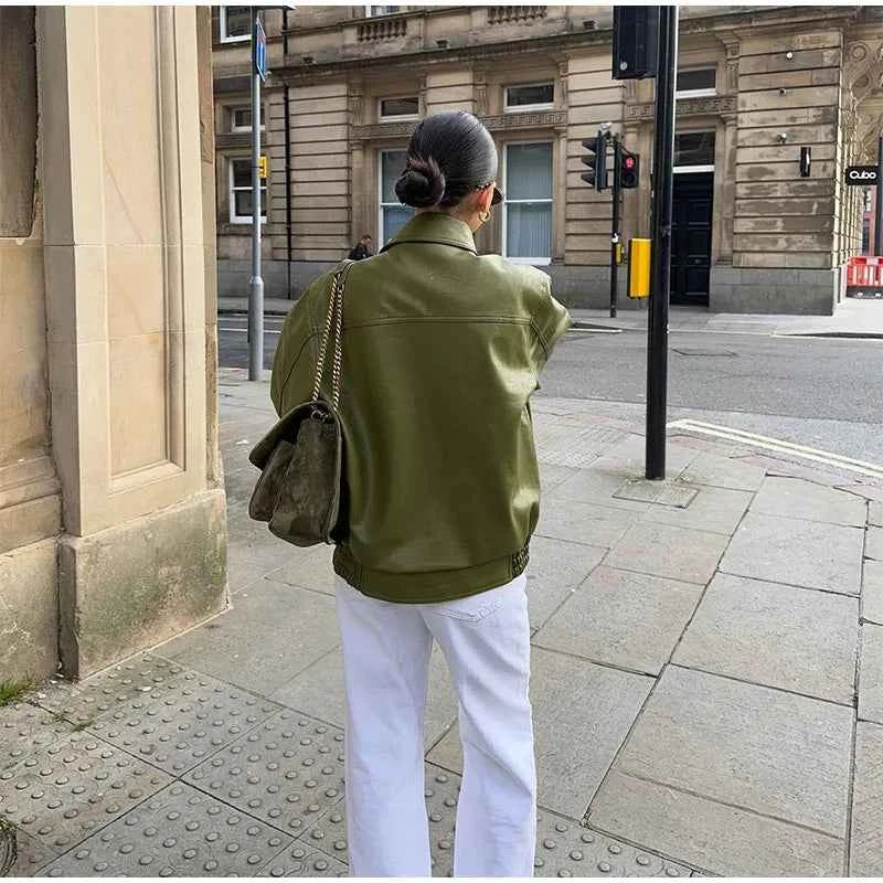 Women Casual Chic Green Lapel Collar PU Leather Jacket