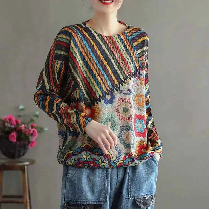 Women Vintage Casual Retro Striped Knit Sweater
