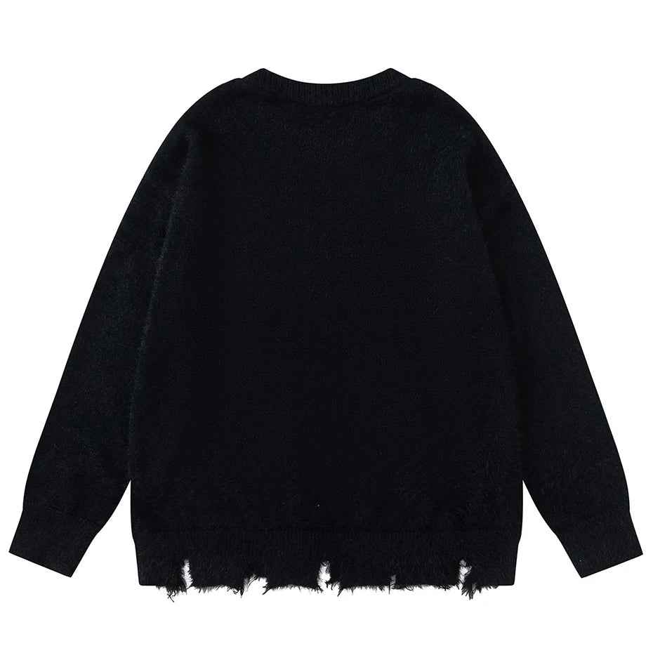 Y2K Funny Cat Graphic Oversized Ripped Sweater