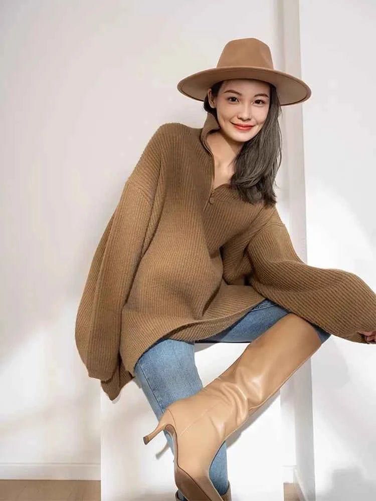 Cozy French Retro Zipper High Neck Sweater