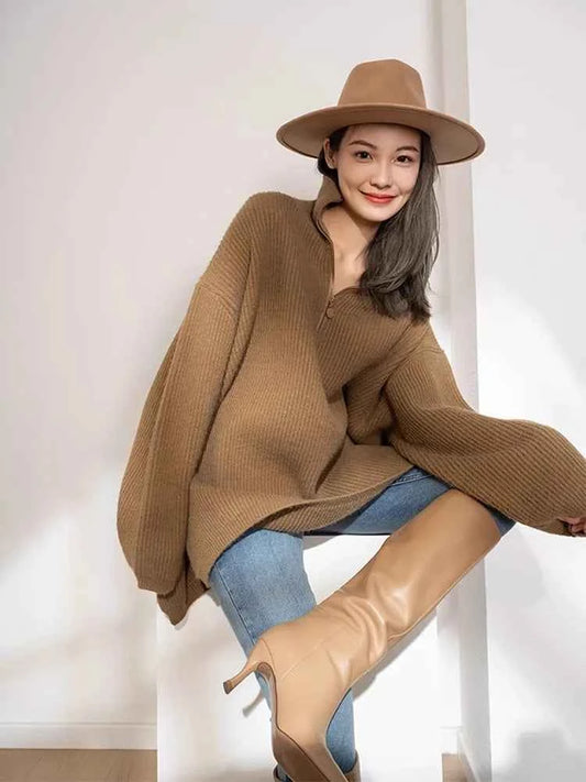 Cozy French Retro Zipper High Neck Sweater