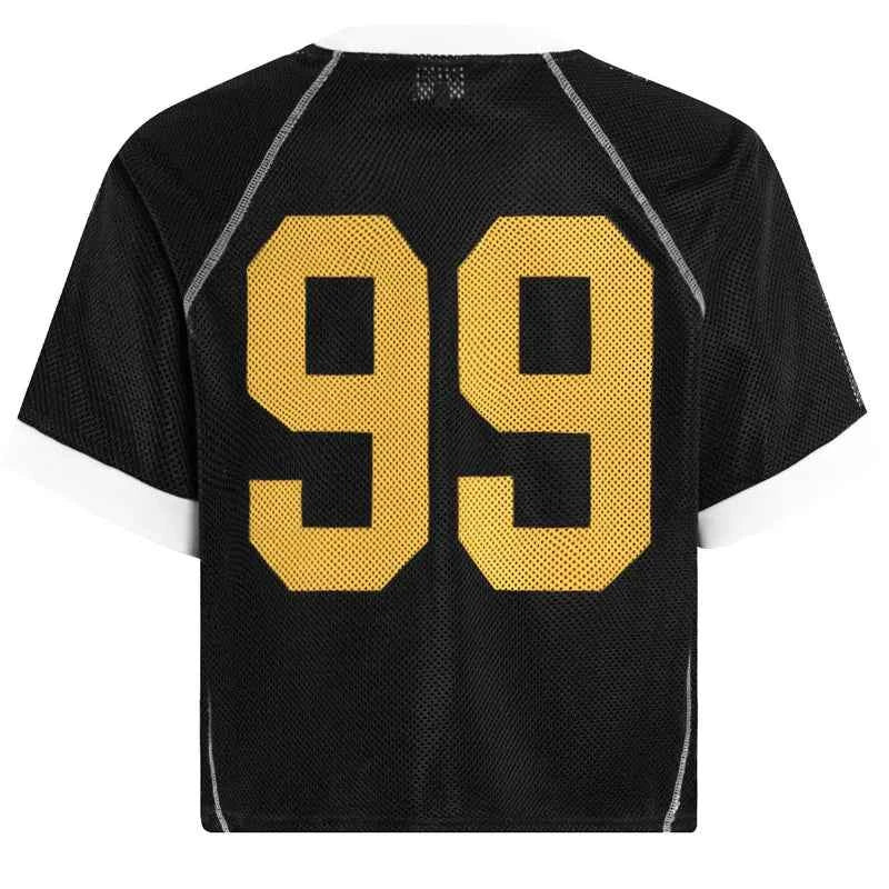 Y2K Patchwork Mesh O-Neck Collar Graphic Sport T-Shirt