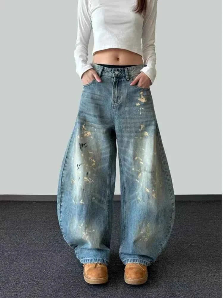 Women Vintage Blue Ink Paint Wide Jeans