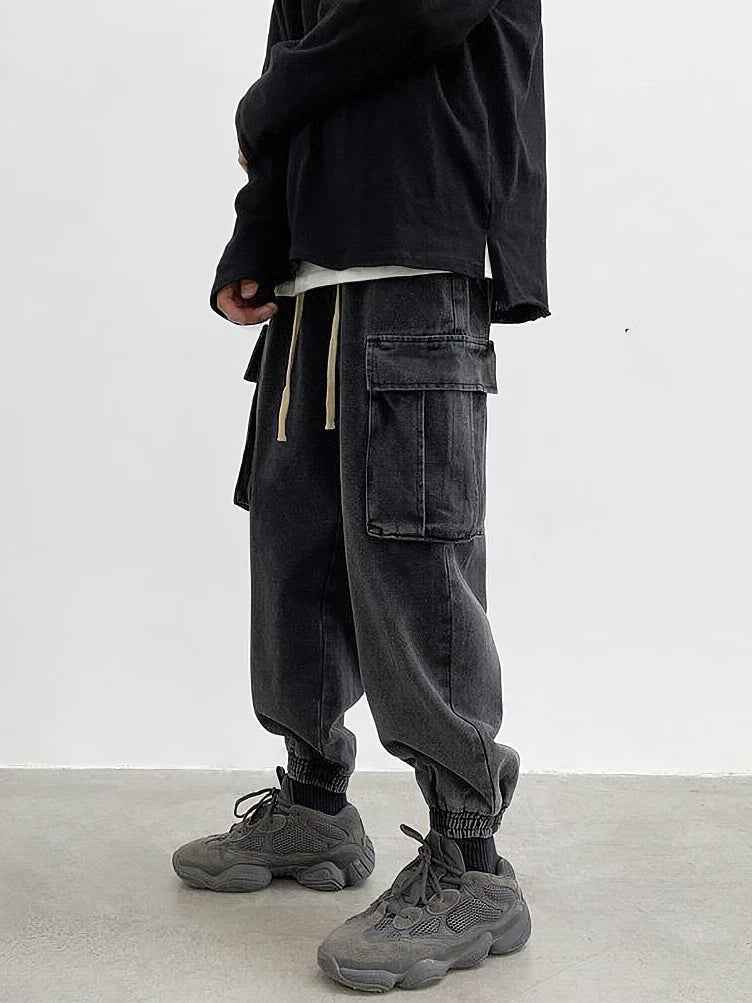 Baggy Streetwear Black Denim Cargo Jeans