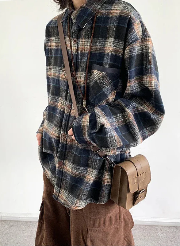 Y2K Cozy Plaid Woolen Long Sleeve Shirt - Luxuryurbanwear